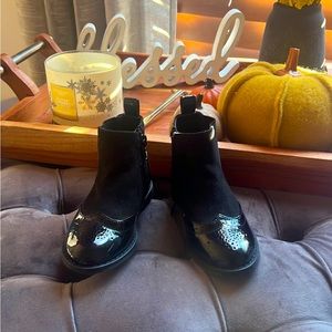 River island suede/patent tuxedo toe ankle bootie